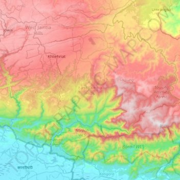 East Jaintia Hills topographic map, elevation, terrain