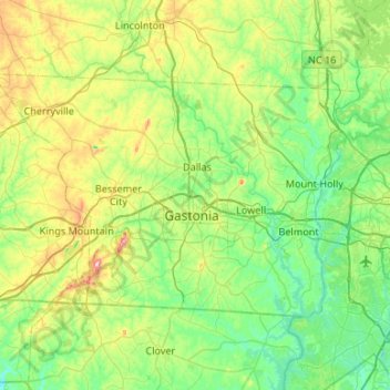 Gaston County topographic map, elevation, terrain