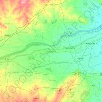 Thiruvaiyaru topographic map, elevation, terrain