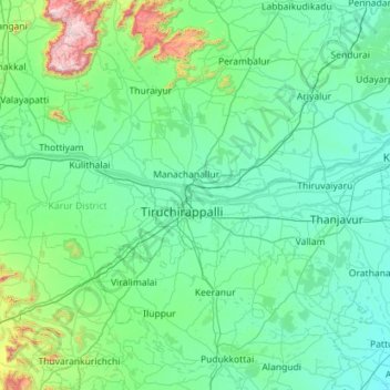 Tiruchirappalli District topographic map, elevation, terrain
