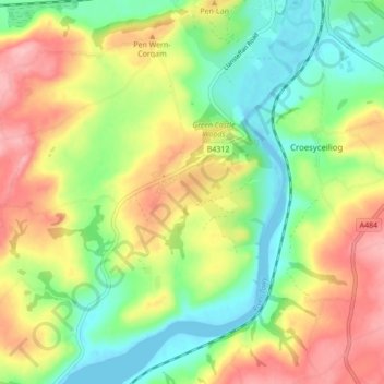 Llangain topographic map, elevation, terrain