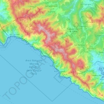 Cinque Terre topographic map, elevation, terrain