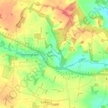 Honingham topographic map, elevation, terrain