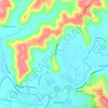 North Lismore topographic map, elevation, terrain