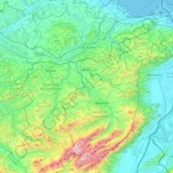 Appenzell Ausserrhoden topographic map, elevation, terrain