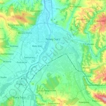 Nowy Sącz topographic map, elevation, terrain