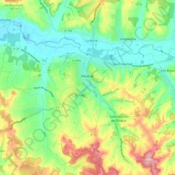 Ribérac topographic map, elevation, terrain