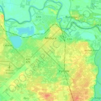 Mildura topographic map, elevation, terrain