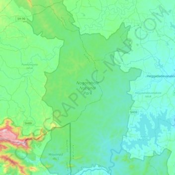 Nagarhole National Park topographic map, elevation, terrain