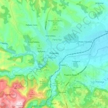 Valjevo topographic map, elevation, terrain