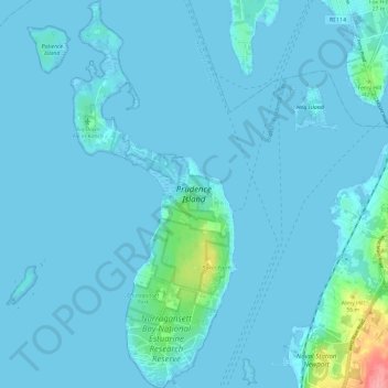 Prudence Island topographic map, elevation, terrain