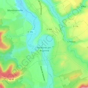 Varennes-en-Argonne topographic map, elevation, terrain