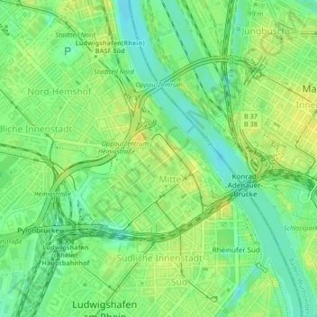 Ludwigshafen-Mitte topographic map, elevation, terrain