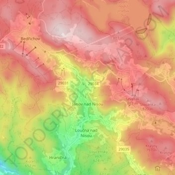 Janov nad Nisou topographic map, elevation, terrain