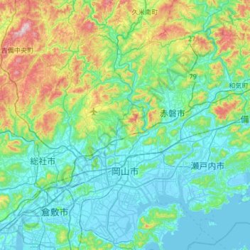 Okayama topographic map, elevation, terrain
