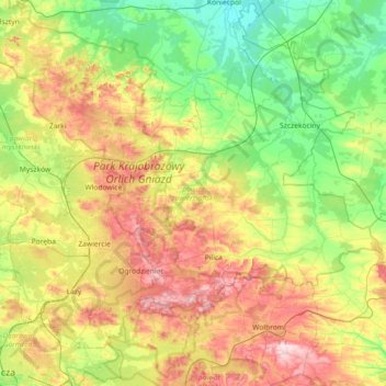 Zawiercie County topographic map, elevation, terrain