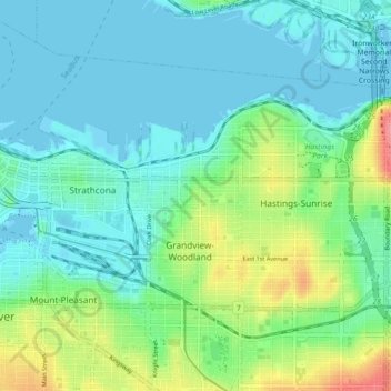 Vancouver East topographic map, elevation, terrain
