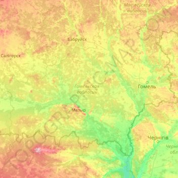Homyel Region topographic map, elevation, terrain