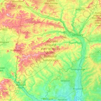 Cranborne Chase & West Wiltshire Downs National Landscape topographic map, elevation, terrain