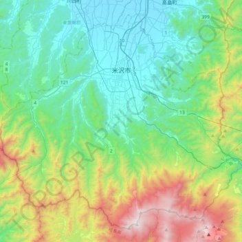 Yonezawa topographic map, elevation, terrain