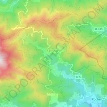 Prunet topographic map, elevation, terrain