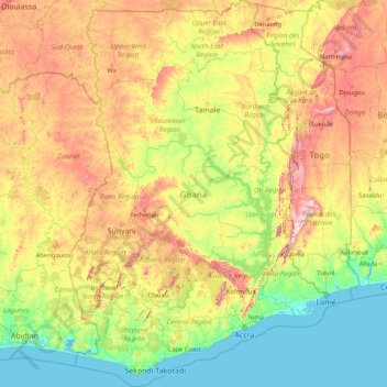 Ghana topographic map, elevation, terrain