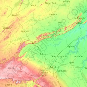 Bundi District topographic map, elevation, terrain