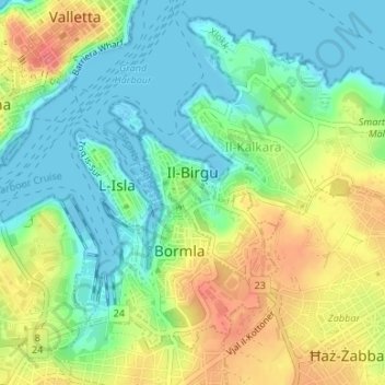 Birgu topographic map, elevation, terrain