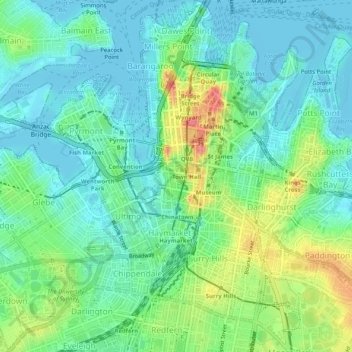 Sydney CBD topographic map, elevation, terrain