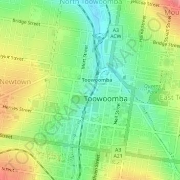 Toowoomba City topographic map, elevation, terrain