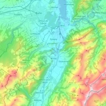 Gruyères topographic map, elevation, terrain