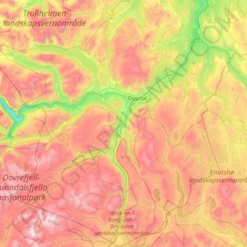 Oppdal topographic map, elevation, terrain