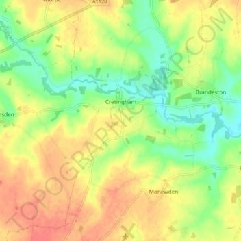 Cretingham topographic map, elevation, terrain