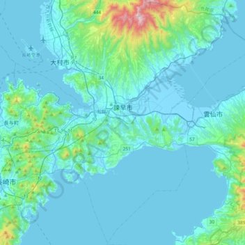 Isahaya topographic map, elevation, terrain