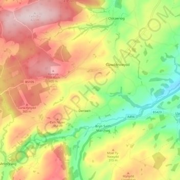 Derwen topographic map, elevation, terrain