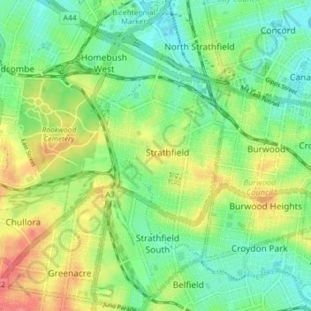 Strathfield Municipal Council topographic map, elevation, terrain