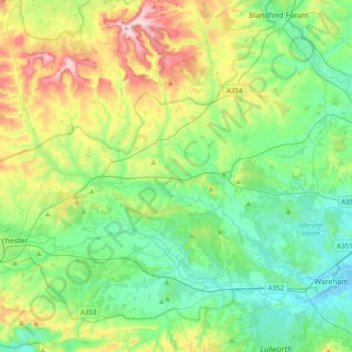 River Piddle topographic map, elevation, terrain