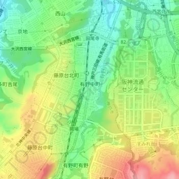 有野中町 topographic map, elevation, terrain