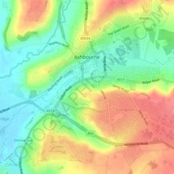 Ashbourne CP topographic map, elevation, terrain