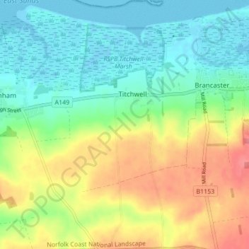 Titchwell topographic map, elevation, terrain