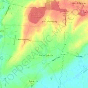Wrestlingworth and Cockayne Hatley topographic map, elevation, terrain