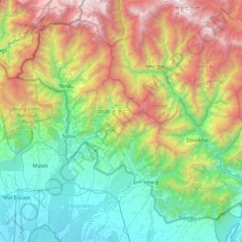 Samtse District topographic map, elevation, terrain