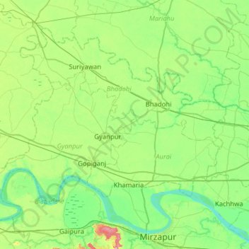Sant Ravidas Nagar District topographic map, elevation, terrain