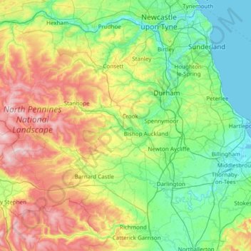 County Durham topographic map, elevation, terrain