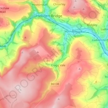 Hebden Royd topographic map, elevation, terrain