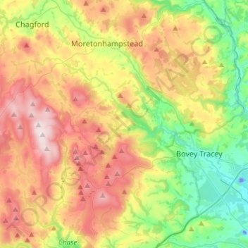 River Bovey topographic map, elevation, terrain