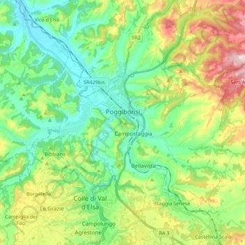 Poggibonsi topographic map, elevation, terrain