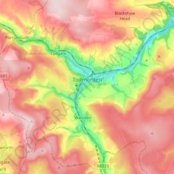 Todmorden topographic map, elevation, terrain