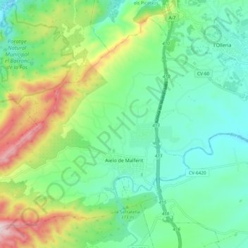 Aielo de Malferit topographic map, elevation, terrain