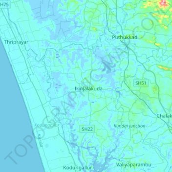 Mukundapuram topographic map, elevation, terrain